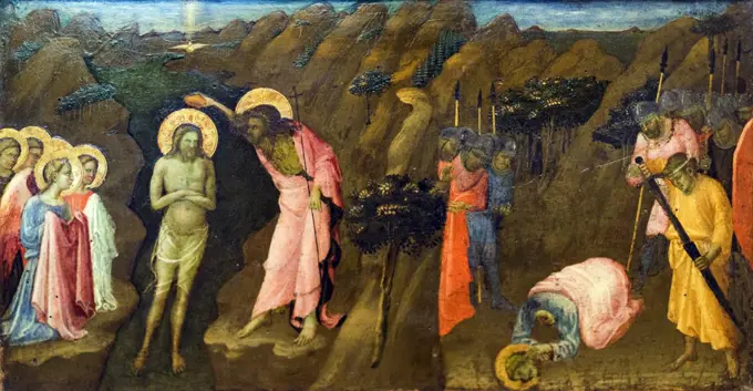 Predella panel showing the Baptism of Christ and the Beheading of the Apostle James the Great 1423-24 Tempera and tooled gold on panel