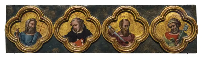 From left : Saint John the Baptist; Saint Thomas Aquinas; Saint Paul; Saint Peter; about 1335-40; Egg tempera on wood panel Pseudo-Dalmasio; Italian; active in Bologna; 1325-50