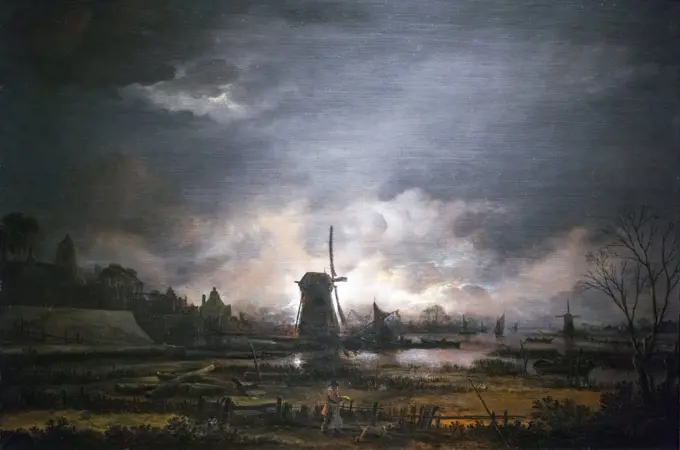Moonlit Landscape with a Windmill; about 1650-55; Oil on oak panel Aert van der Neer; Dutch; 1603-77