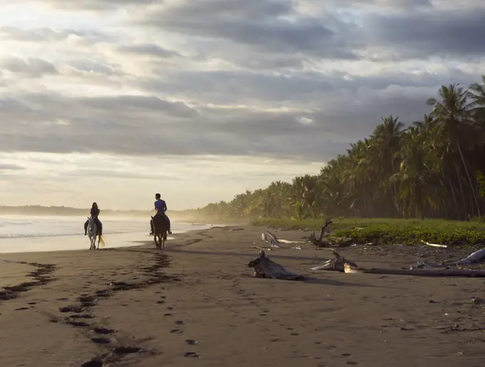 Couple riding horseback on tropical beach