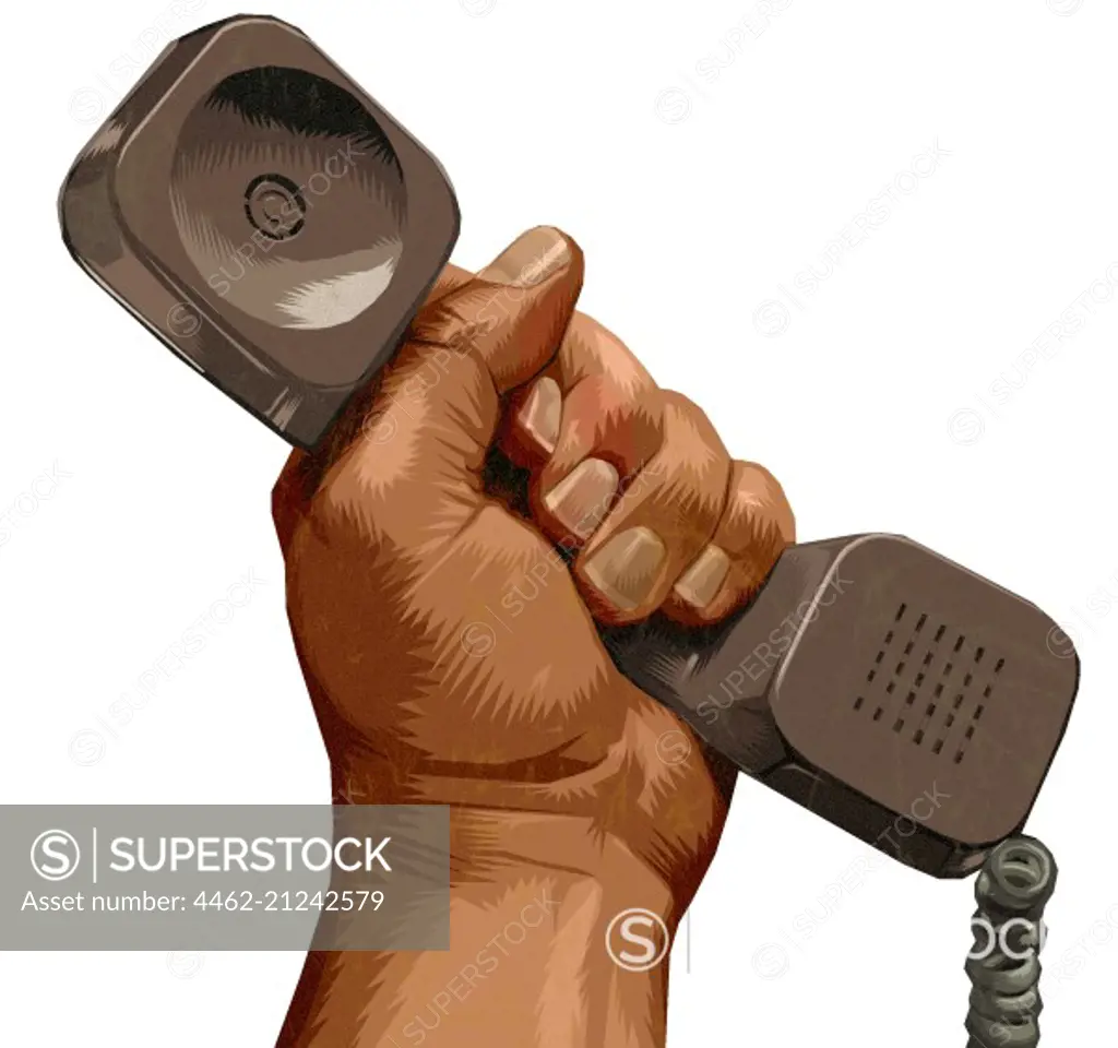 Man's hand raised, holding grey brown telephone handset