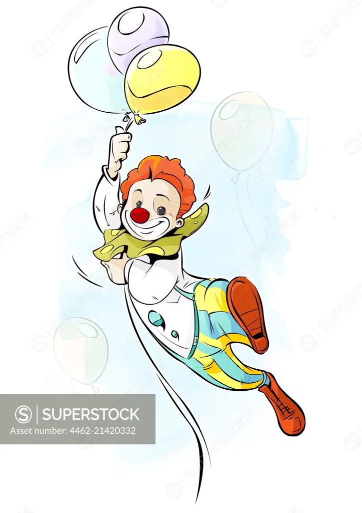 Clown flying on balloons