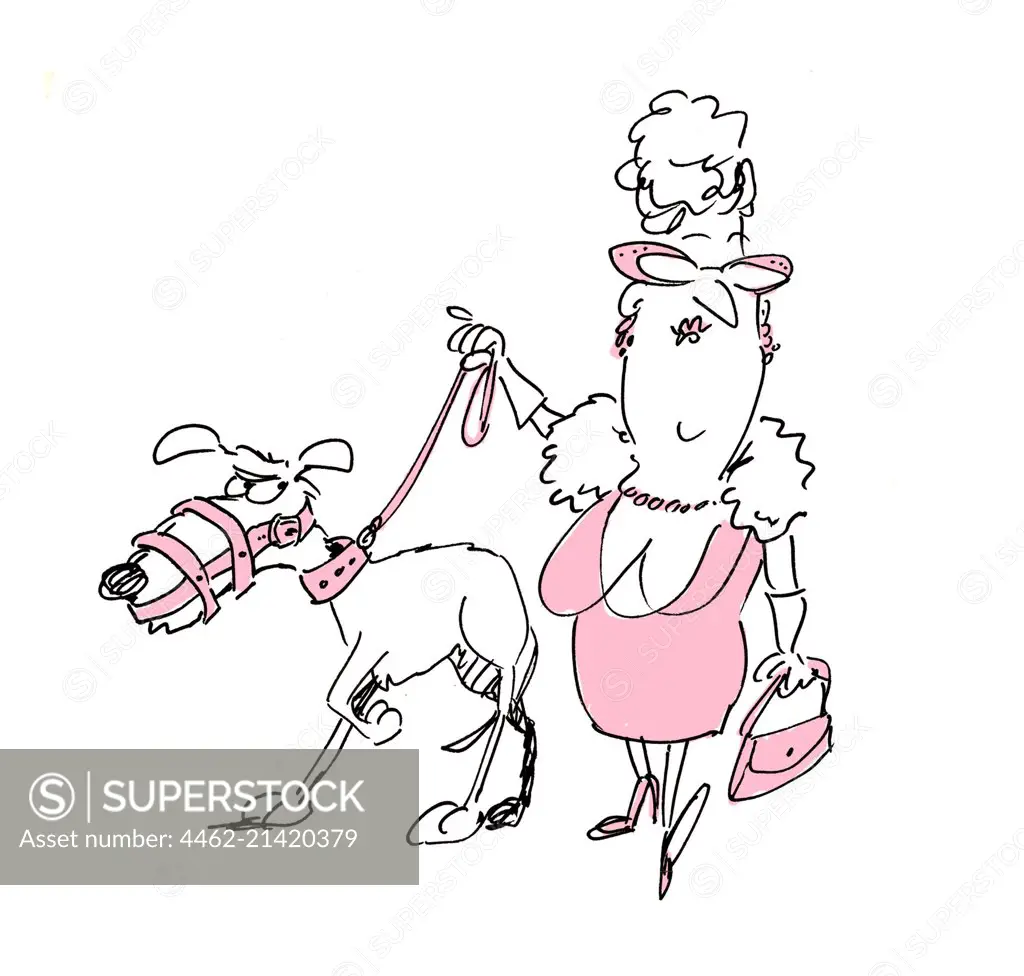 Woman in pink dress with dog on white background