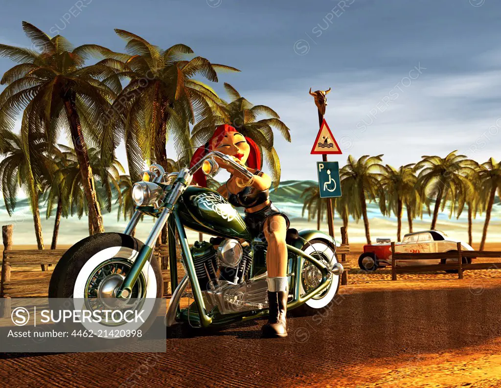 Young female on motorbike, palm trees in background