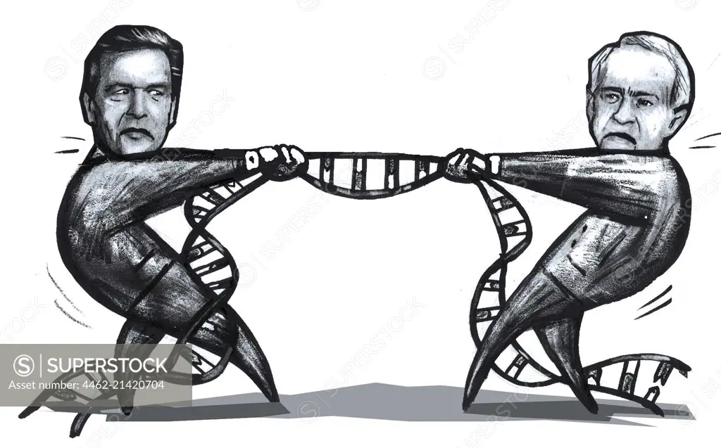Two men pulling DNA spiral as tug of war