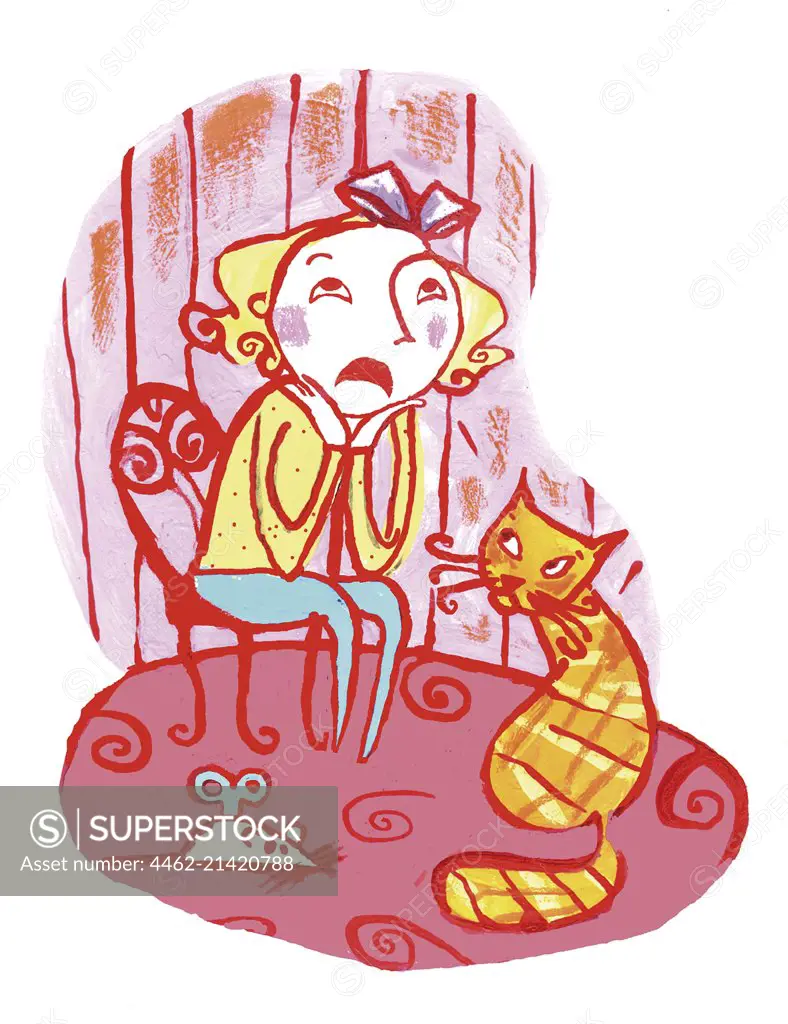 Sad girl sitting on chair beside cat and toy mouse