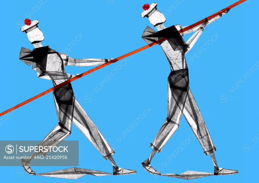 Two men carrying stick
