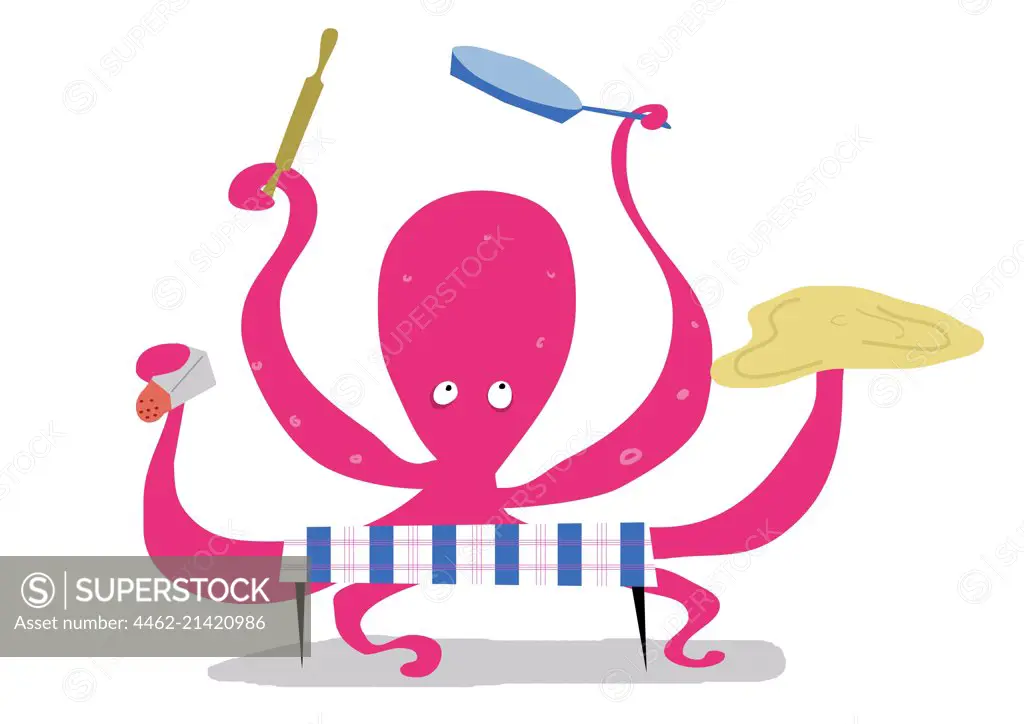 Octopus with cooking utensil behind table