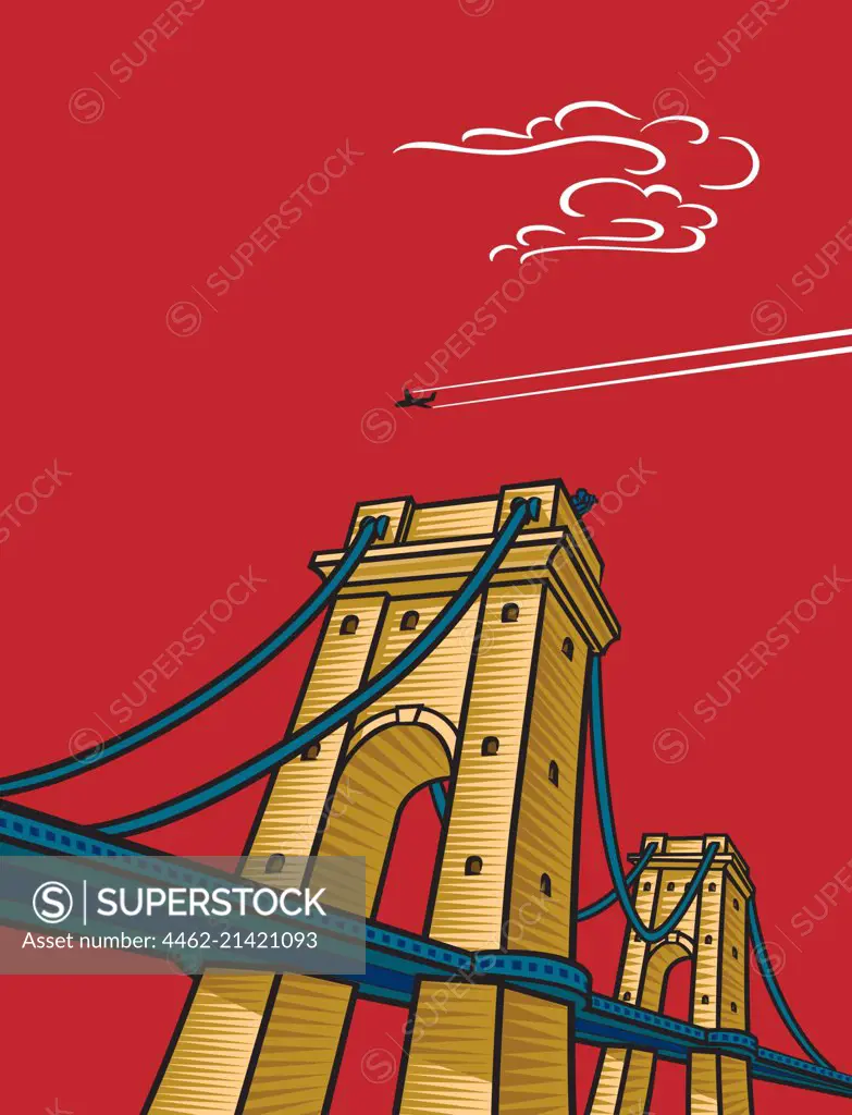 Low angle view of suspended bridge, airplane in red sky
