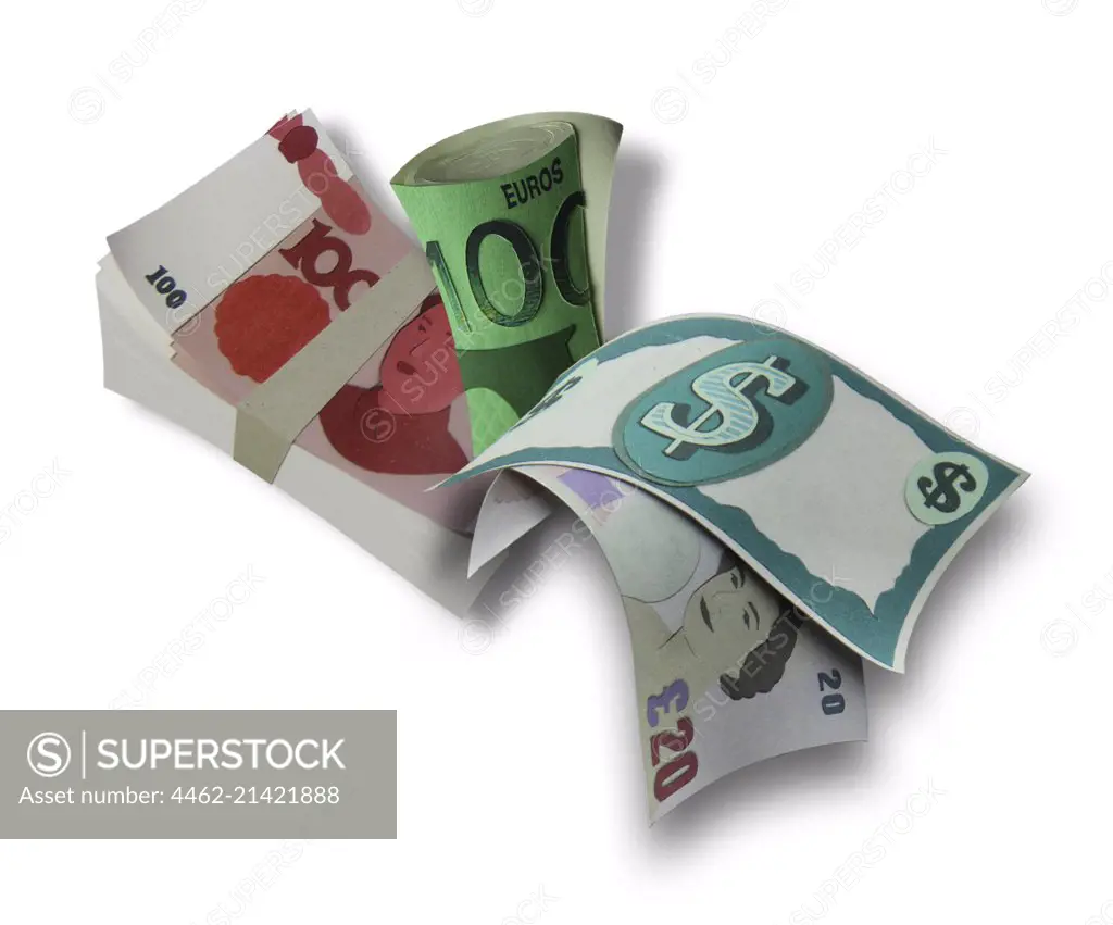 Various bank notes on white background