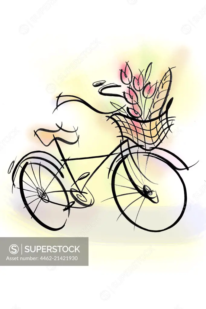 Bicycle with flowers and baguette in basket
