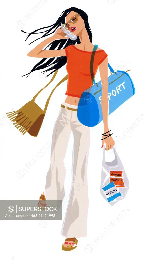 Woman carrying bags and talking on phone
