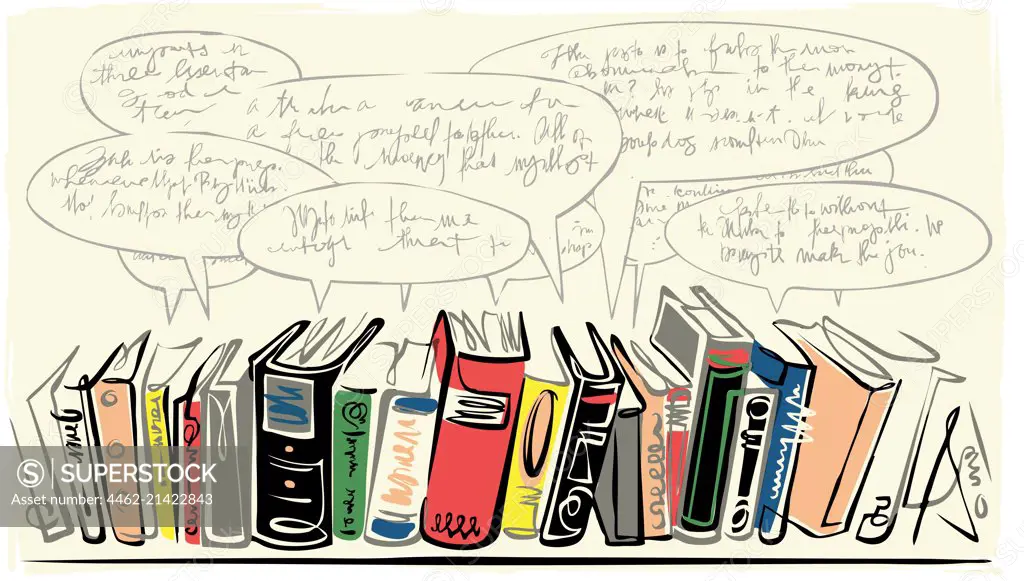 Books in row and speech bubbles