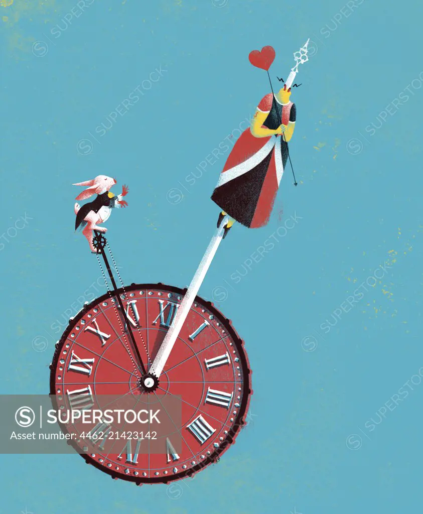 Clock with rabbit and Queen of Hearts as arrows