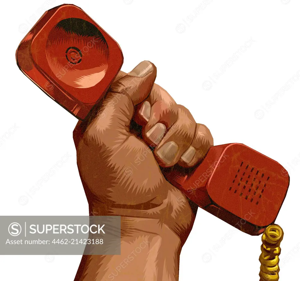 Man's hand raised, holding red telephone handset