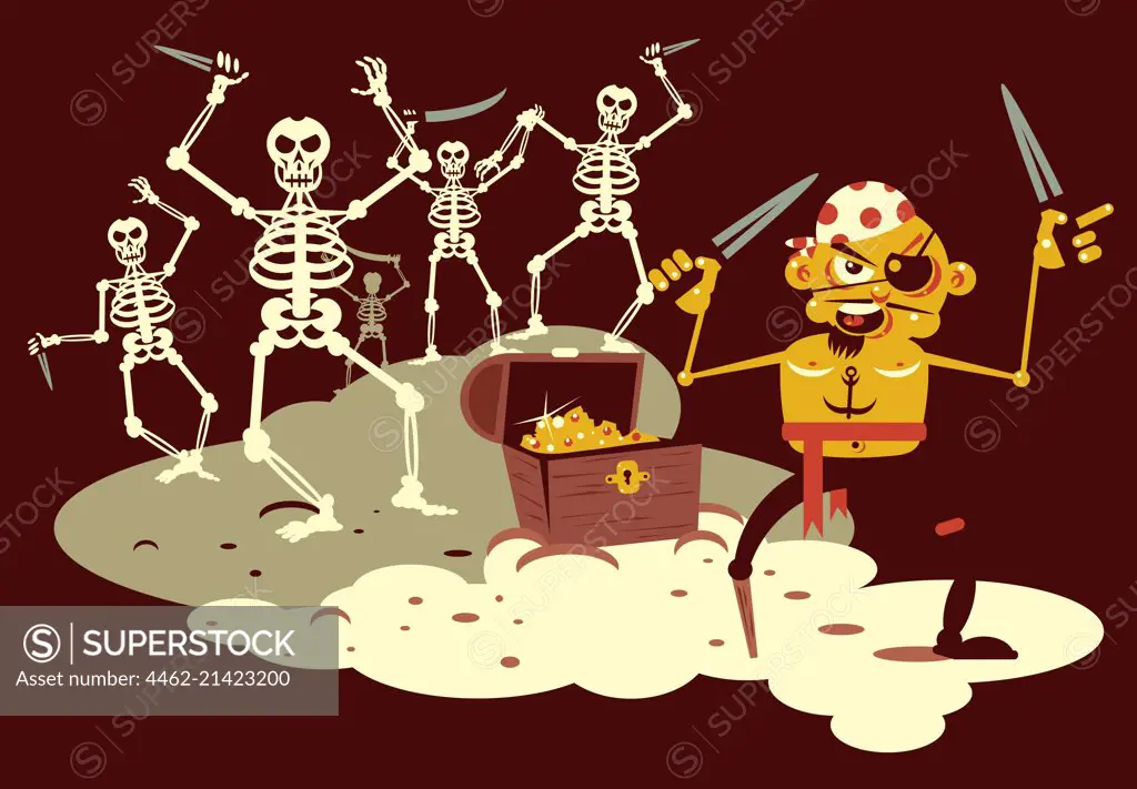 Pirate and skeletons near chest with treasure