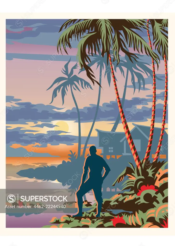 Silhouette of man on tropical coast at sunset