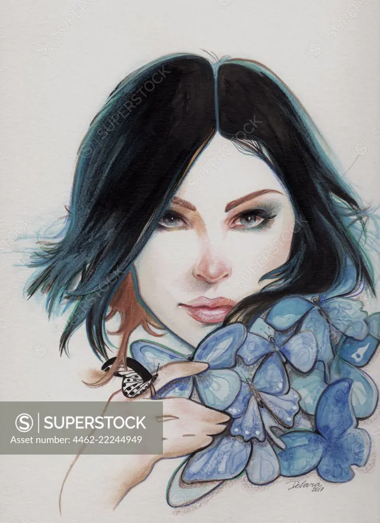 Portrait of brunette with blue butterflies