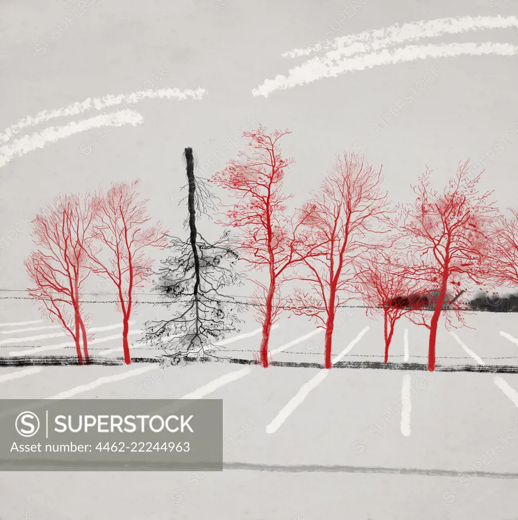 Row of red bare trees and one black tree upside down