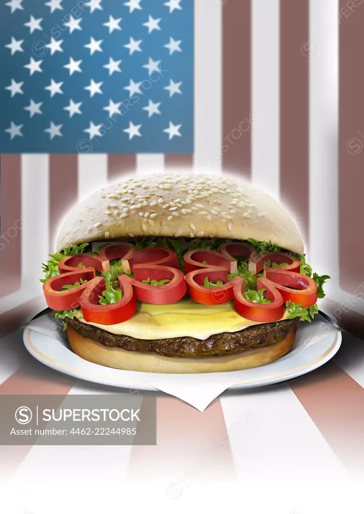 Burger with American flag in background