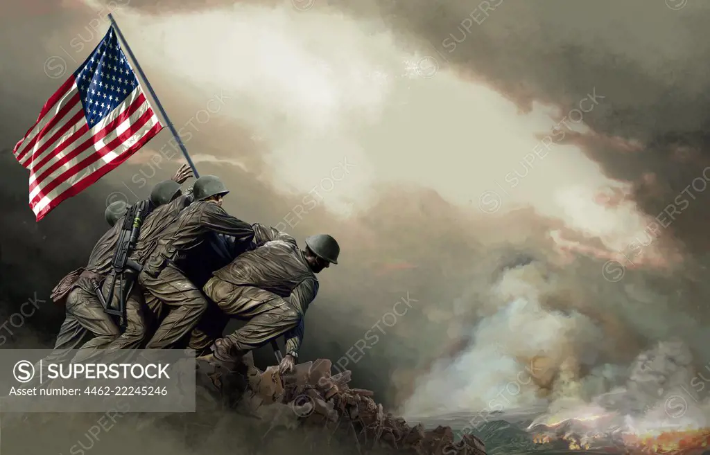 Marine Corps with American flag against clouds