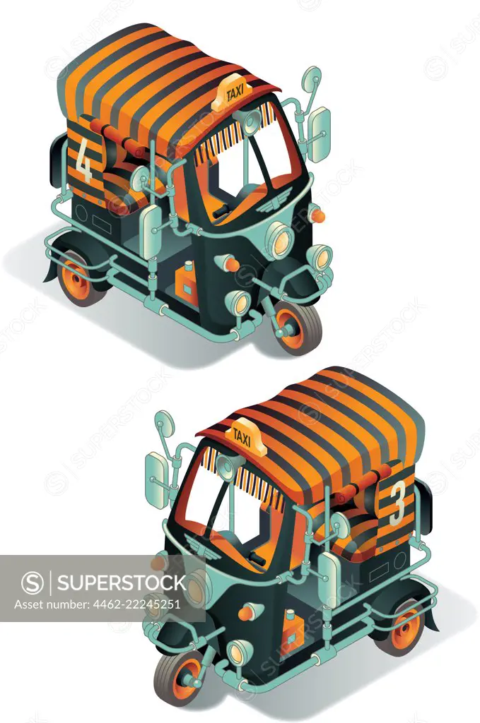 Two rickshaws with striped roofs