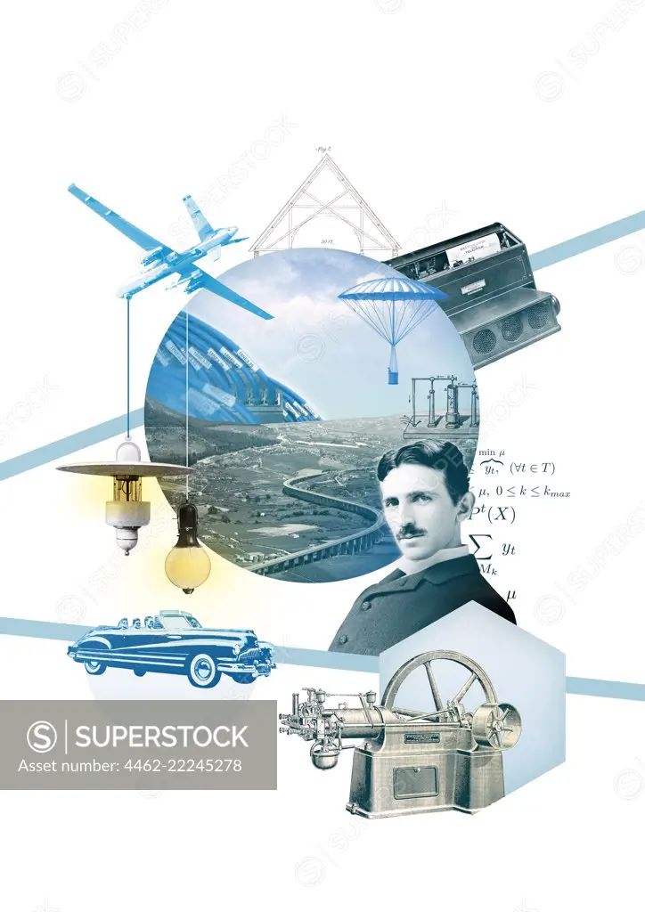 Nikola Tesla surrounded with inventions