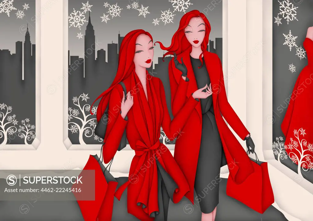 Elegant women wearing red coats, shopping together