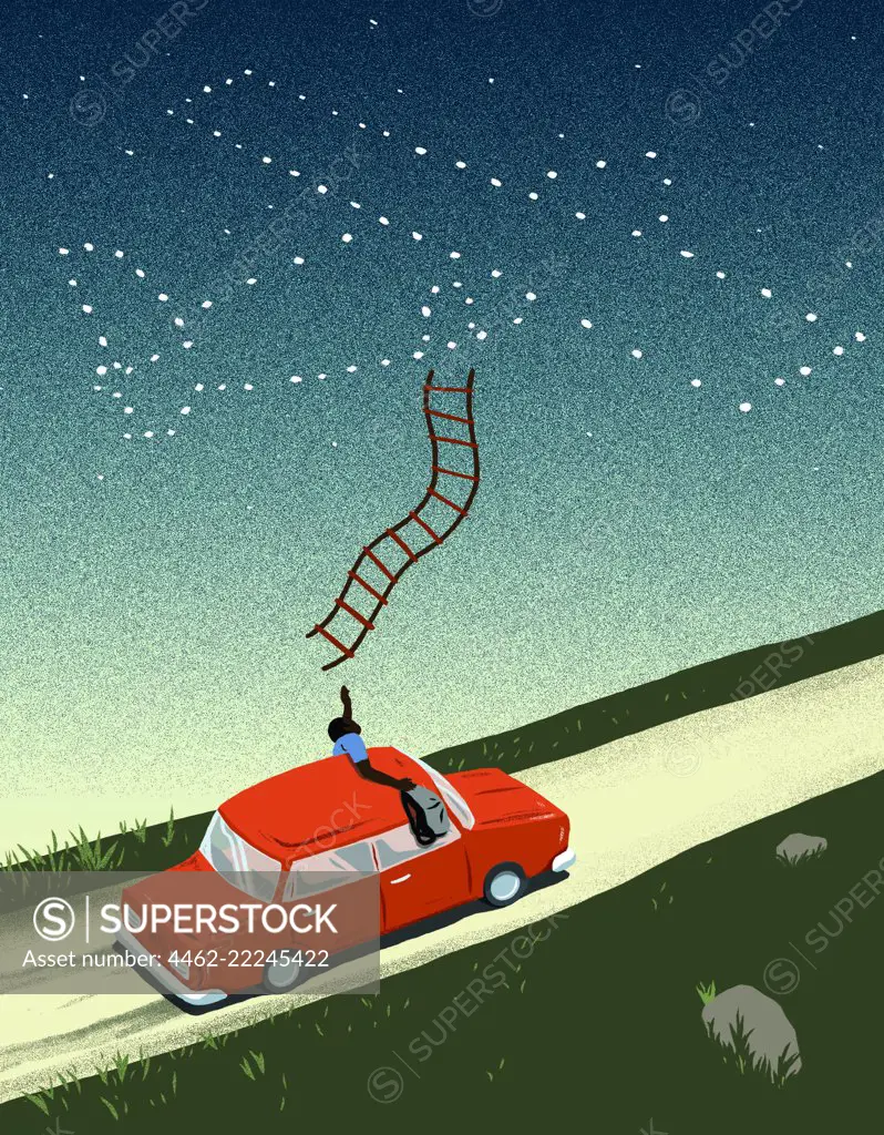 Man in car reaching to airplane shaped stars on sky