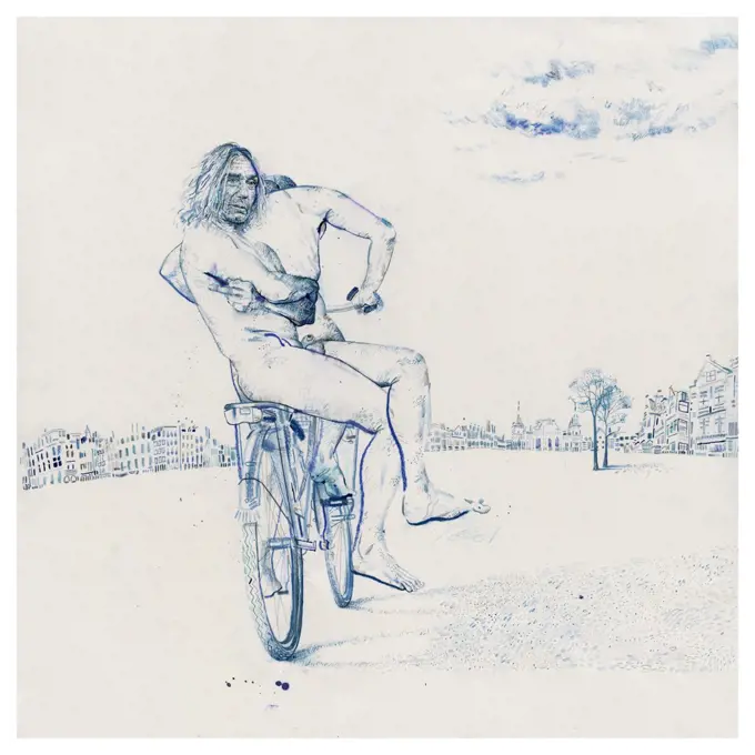 Two naked men riding bike