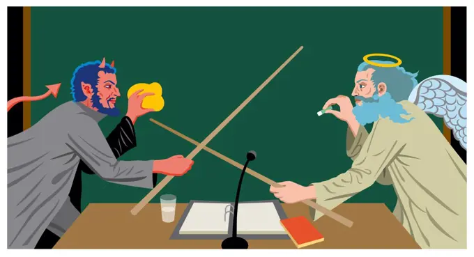 Devil and angel fighting with pointer sticks in classroom
