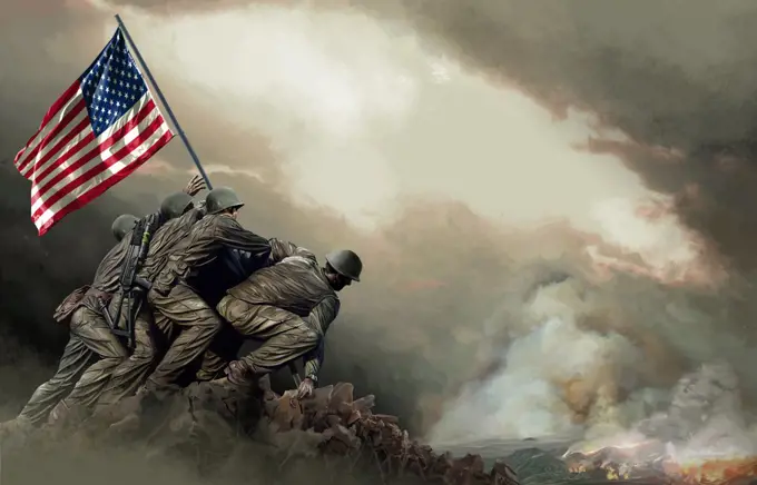 Marine Corps with American flag against clouds