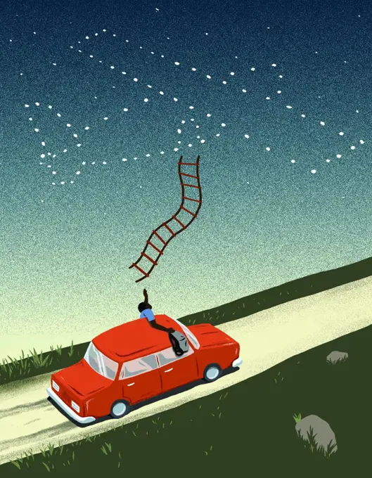Man in car reaching to airplane shaped stars on sky