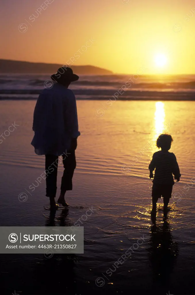 A father and his kid strolling on a beach at sunset.