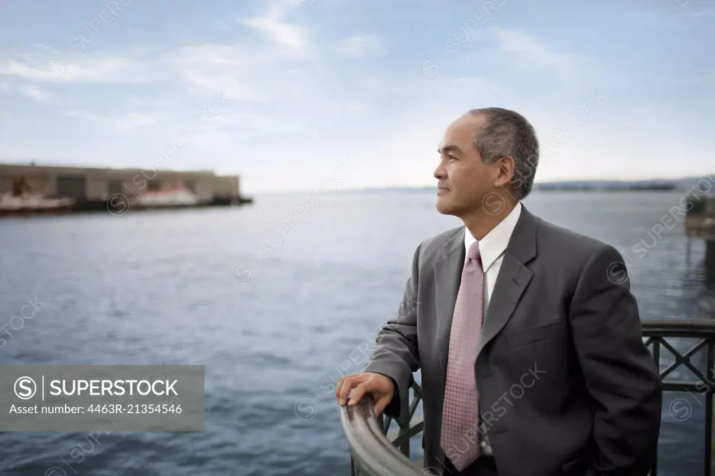 Portrait of a businessman looking out at a city harbor.