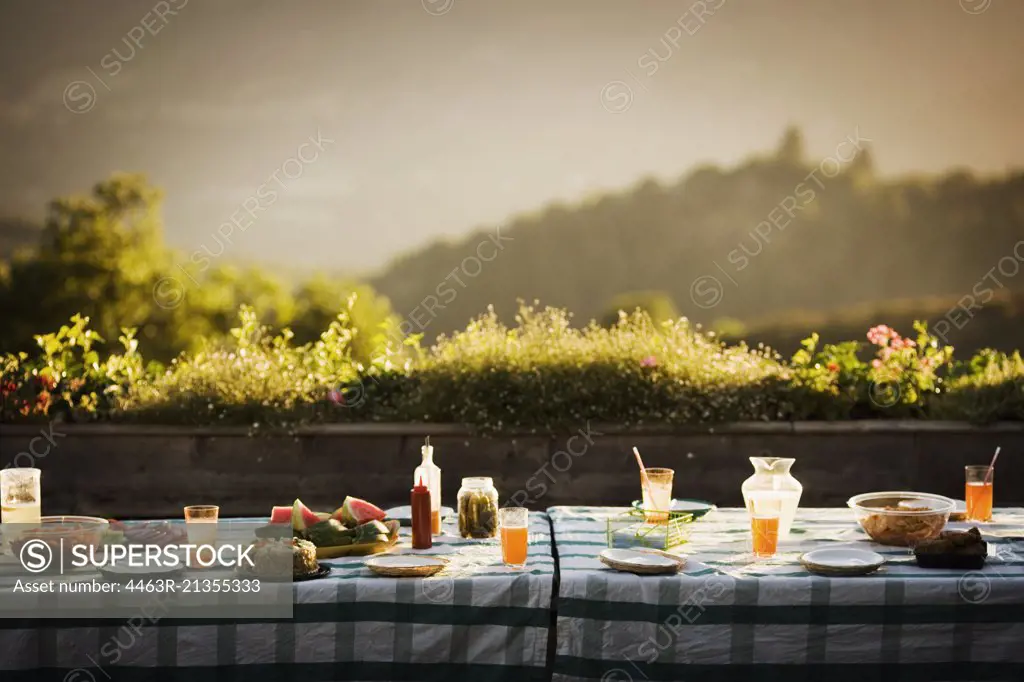 Table filled with drinks and food outside in the garden.