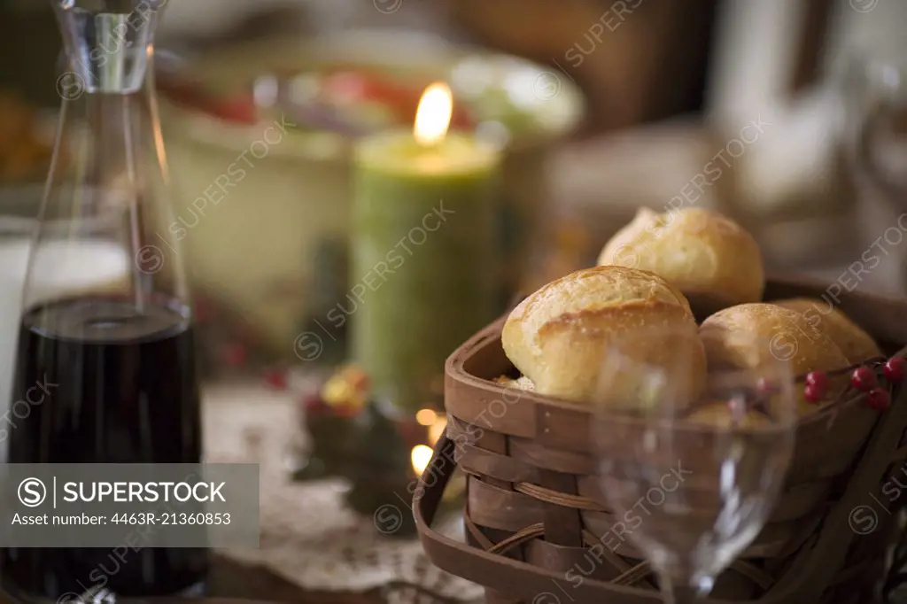 Bread rolls in a wooden basket.