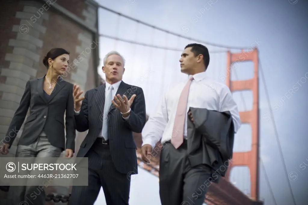 Mature businessman talking with a mid-adult male and female colleague near a bridge.
