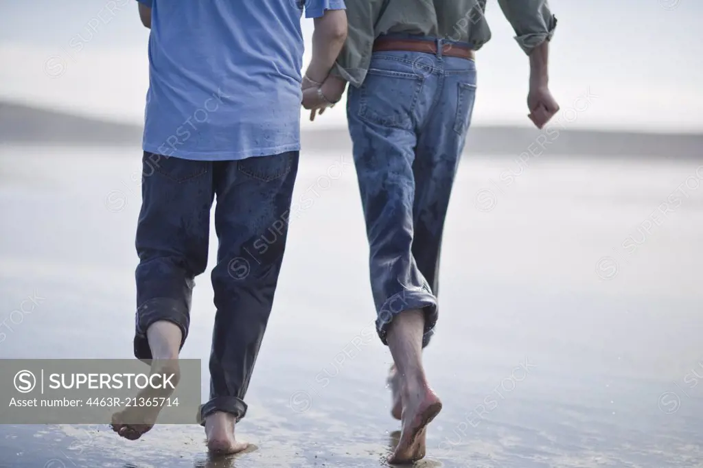 Happy male couple holding hands while walking on the beach.