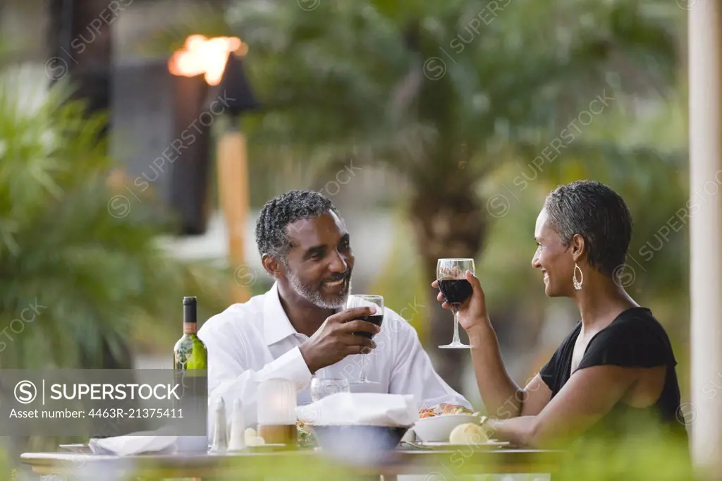 Couple toasting each other at dinner.