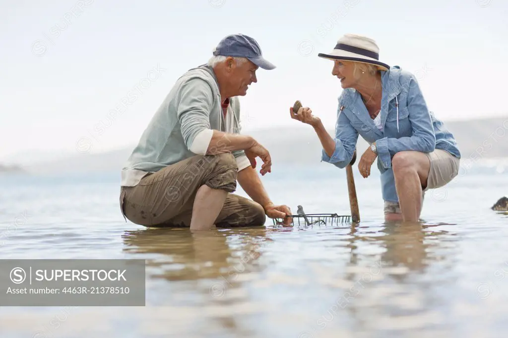 Smiling senior couple collecting rocks on a beach at low tide.