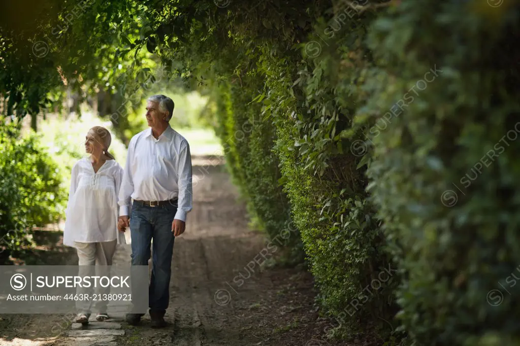 Mature couple walking down country road holding hands. 