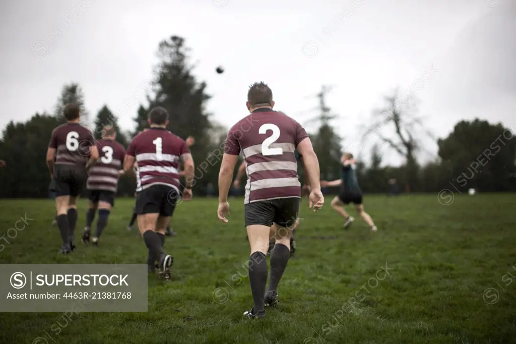 Men playing rugby on a sports field. 