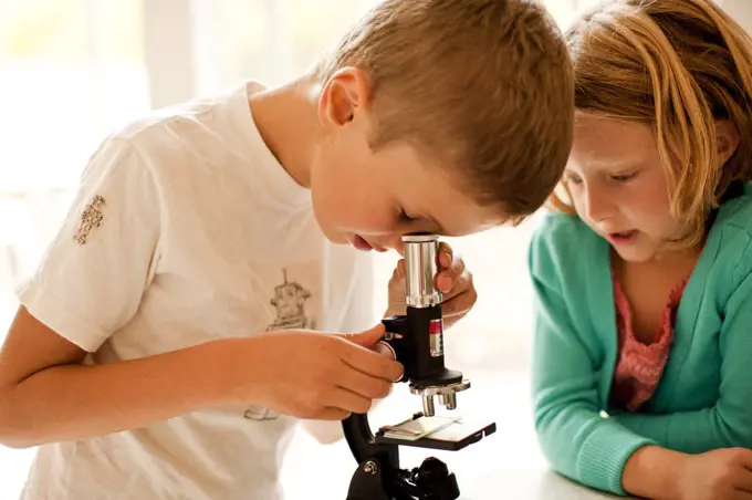 Brother and sister looking through a microscope.