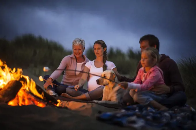 Multi-generational family enjoy toasting marshmallows over a beach bonfire at night.