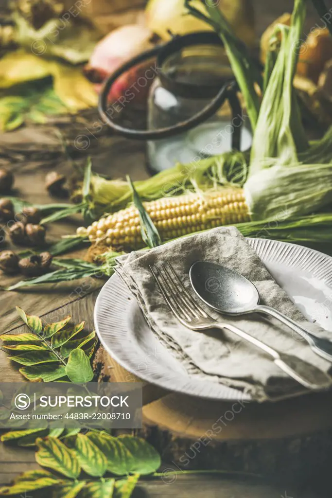 Fall table setting for Thanksgiving day celebration. Plate, cutlery, candle holder, Autumn seasonal vegetables, fruit and fallen yellow leaves over rustic wooden table background, selective focus