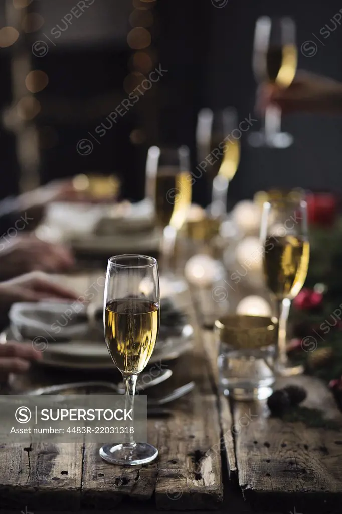 People having party. Christmas time. Holiday celebration table setting