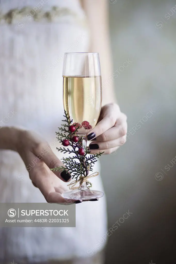 Celebrating with champagne. Young woman holding in her hands a glass of champagne