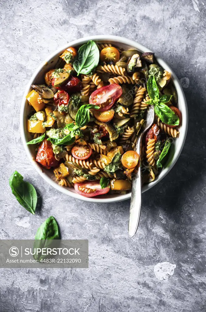 Summer pasta with roasted zucchini, tomatoes, peppers, and mushrooms