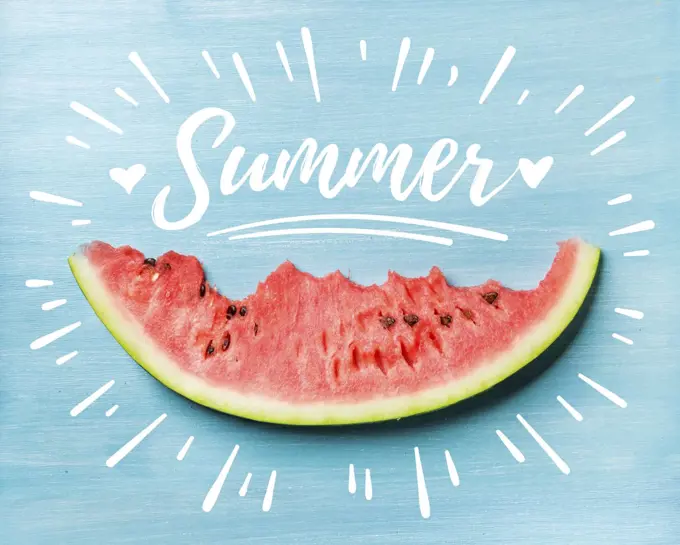 Summer concept illustration. Slice of watermelon on turquoise blue background, top view. White lettering inscription